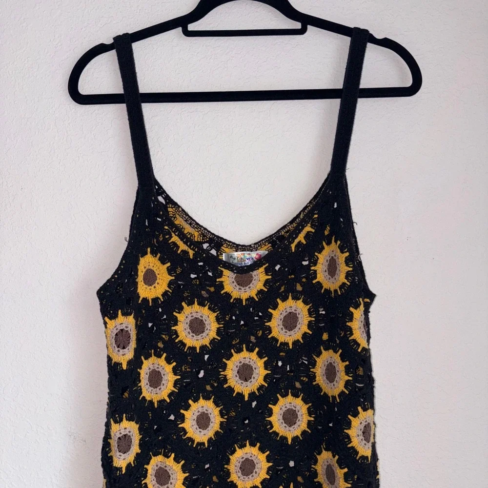 India Boutique Crochet Sunflower Midi Dress small Black Boho Festival Knit - Picture 9 of 9
